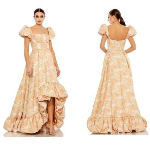 Mac Duggal Dresses & Skirts - Mac Duggal Peach Gold Floral Puff Sleeve High Low Brocade Gown
